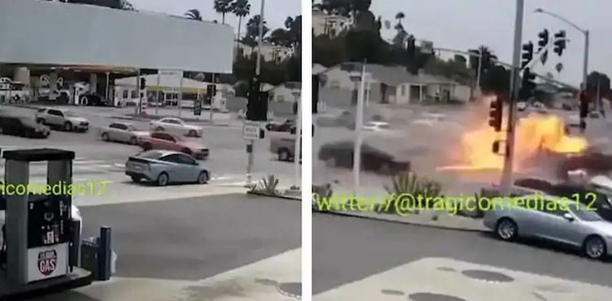 ویدئوی هولناک| تصادف یک ماشین در چهار راه و غرق شدن در آتش