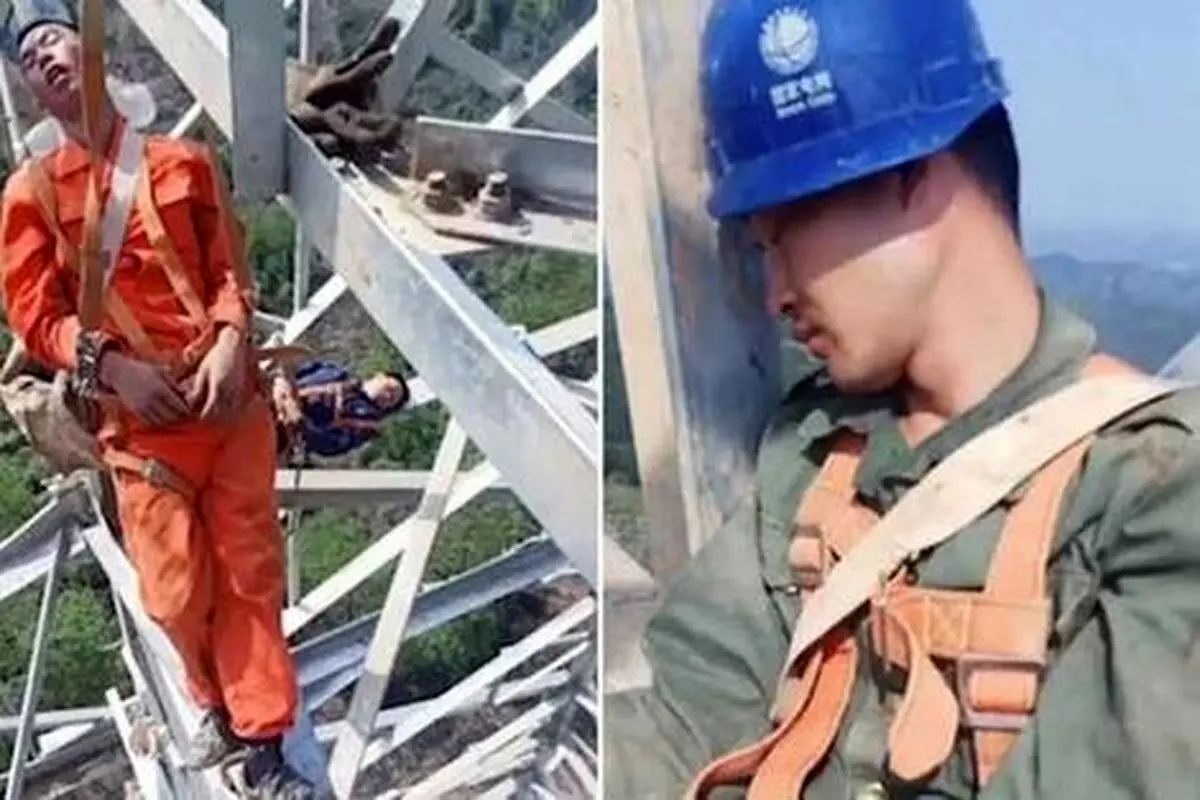خواب کارگران روی برج ۵۰ متری انتقال برق + فیلم